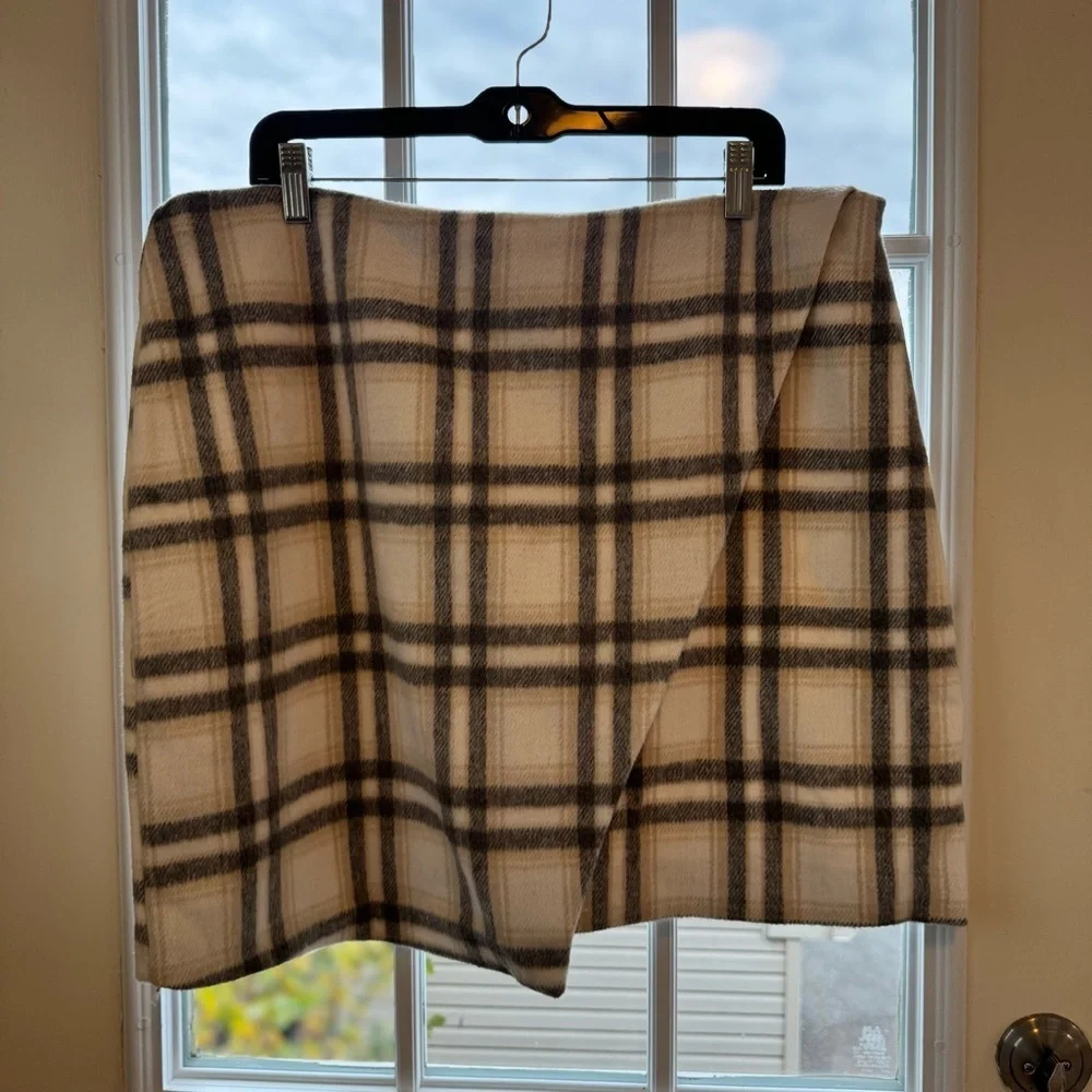 Retro Bagatelle Plaid Mini Skirt Beige Gray A-Line High Waist Size XL - Picture 3 of 9